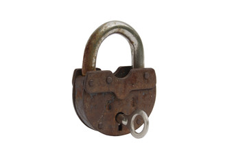 Old rusty padlock with key