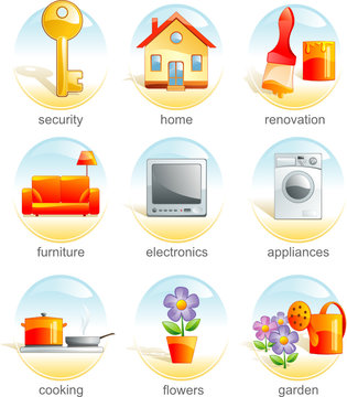 Icon set - home and garden related items. Aqua style. Vector 