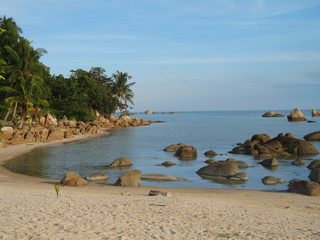 plage et cocotiers, roches dans le lagon