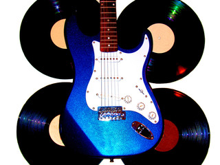 High Key electric guitar and vinyl record background