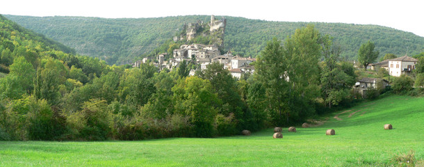 Panorama d'un petit village dans les gorges de l'Aveyron