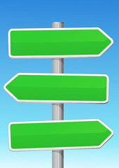 Trois panneaux de signalisation dans le ciel bleu