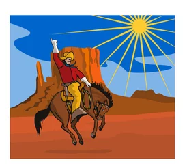 Poster Im Rahmen Rodeo-Cowboy reitet auf einem strampelnden Bronco © patrimonio designs