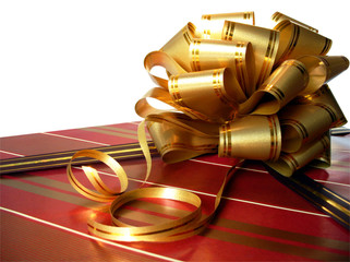 golden bow on a red gift box