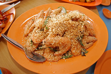 Fried prawn on the plates
