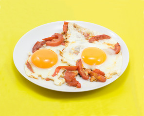 fried eggs with tomatos on yellow