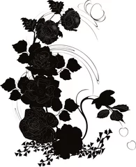 Papier Peint Lavable Fleurs noir et blanc coquelicot et rose silhouette