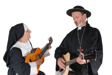 Nun and priest playing the guitar