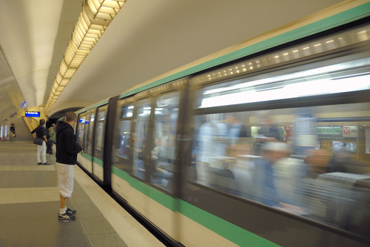 Train arriving in the subway station, motion blur