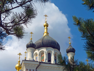 Fototapeta na wymiar Gold crosses and domes of church