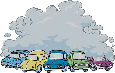 Many cars producing a cloud of exhaust pollution