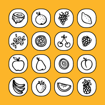 black and white icons set - fruits