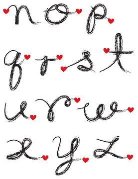 black charcoal cursive alphabet with red heart  - part 2