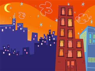 cartoon groovy buildings silhouettes 