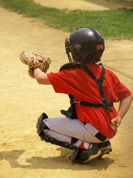 Young Baseball Catcher Ready For Pitch