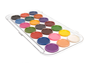 Perspective view of colourful watercolour paints 