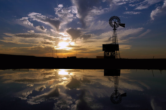 Ranch Windmill at Sunset