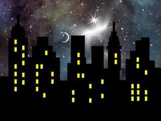 Abstract city silhouette against space background