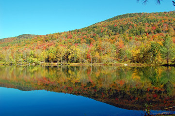 Mountains and trees reflect in a pond in Vermont.