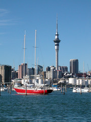 Fototapeta na wymiar Port w Auckland. W centrum, Sky Tower - Nowa Zelandia