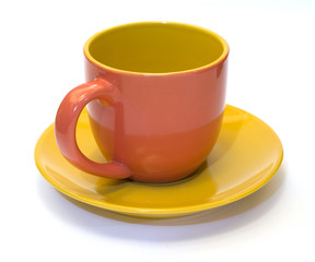 glazed pottery coffee cup and saucer with white background