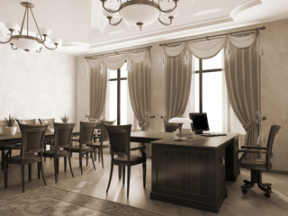 Office interior in monochrome 3D rendering