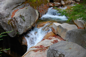 granite, dead leaves, and a waterfall
