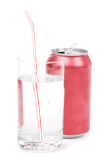 red soda can and glass