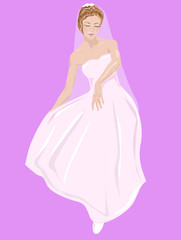 Young bashful bride in wedding dress