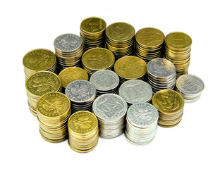 Coins stack over white background.