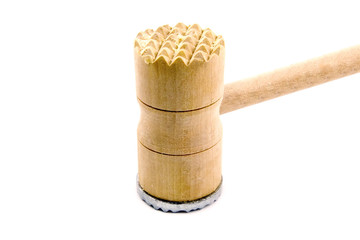 Meat tenderizer. Wooden meat hammer on white background.