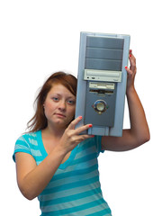 Girl and old computer