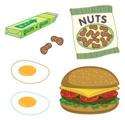 burger, peanuts, chewing gum and sunny side up eggs 