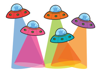 5 UFOs with spotlight - cartoon illustration