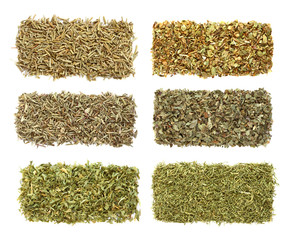 six dried herbs Rosemary Oregano Thyme Basil Parsley Dill