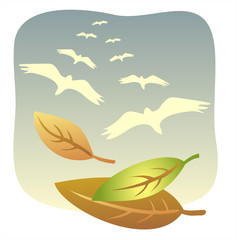 Flying leaves and birds