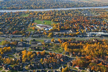 Aerial view of a suburban neighborhood