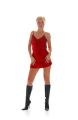 blonde girl in red night-dress