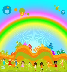 Muurstickers Regenboog kinderen en regenboog