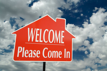 Welcome, Please Come In Real Estate Sign with Clouds