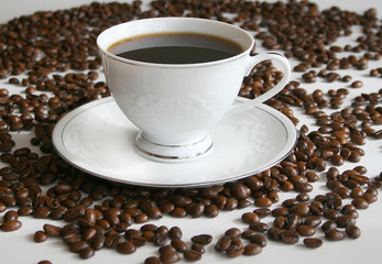 cup of morning coffee,and coffee beans