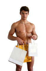 Muscular Man with Gift Bags Isolated on White