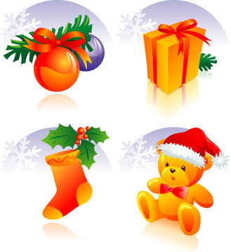 Christmas icon set - decoration, present, sock, teddy bear 