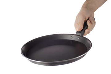 Hand holding a frying pan isolated on white