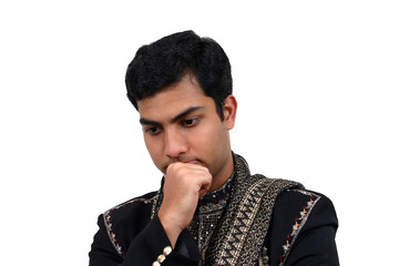 Indian in thinking pose with clipping path