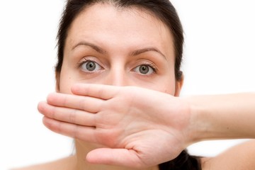 woman has closed the mouth a hand