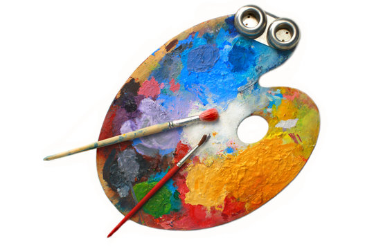 Oval art palette with brushes and a butterdish