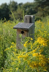 Wooden Birdhouse and Goldenrod