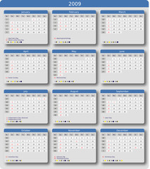 Calendar 2009, US holidays, week numbers, moon phases. 
