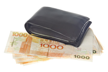 Hong Kong currency and wallet isolated on white background